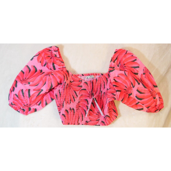 HT360 Top Womens 2XL Fuchsia Cropped Smocked Puff Sleeve Floral 139$ - Picture 2 of 9